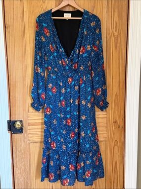 Sézane Blue Titiane Dress in the Fleur Leopard Canard Print ~ 44 (US 12)
